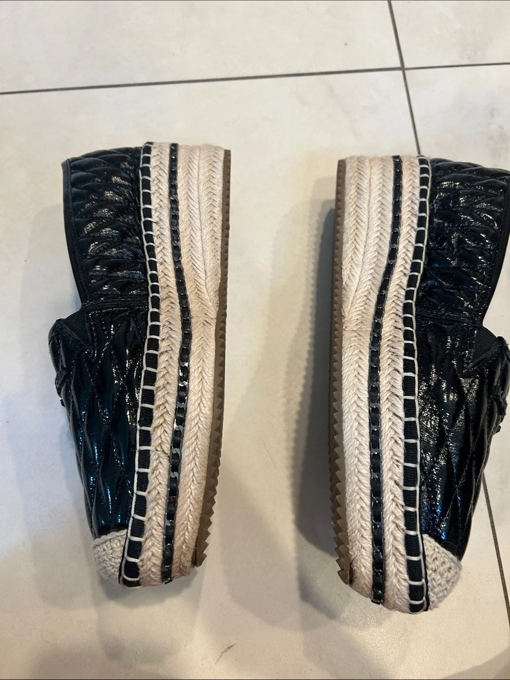 Karl Lagerfeld Black Quilted Patent Espadrilles with Woven Toe